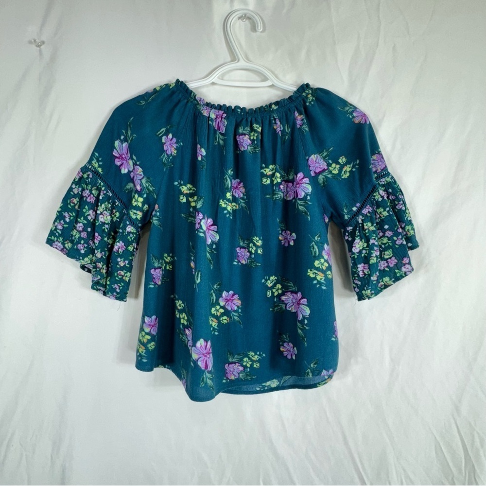 Justice Teal Boho Floral Bell Sleeve Peasant Blouse - Picture 3 of 4